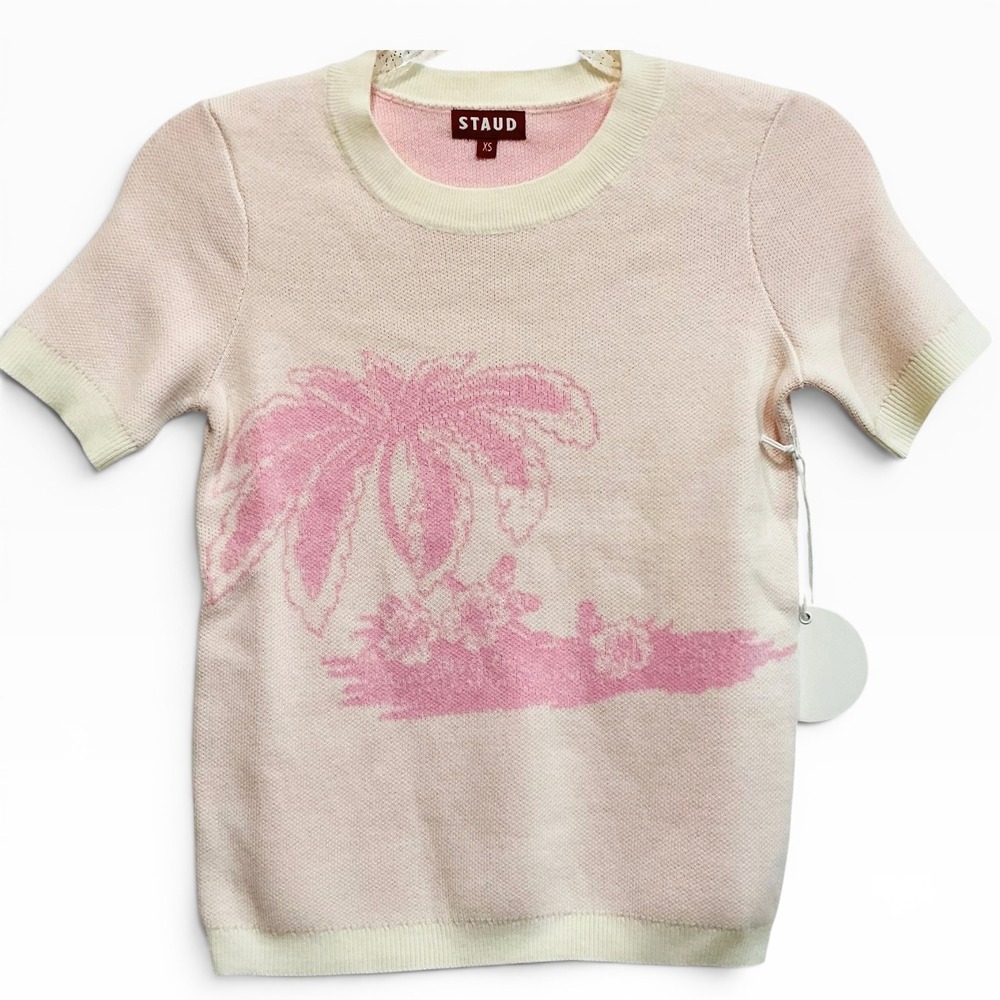 STAUD‎ Reyna Short Sleeve Wool Blend Sweater Cherry Blossom Toile Pink XS NWT
